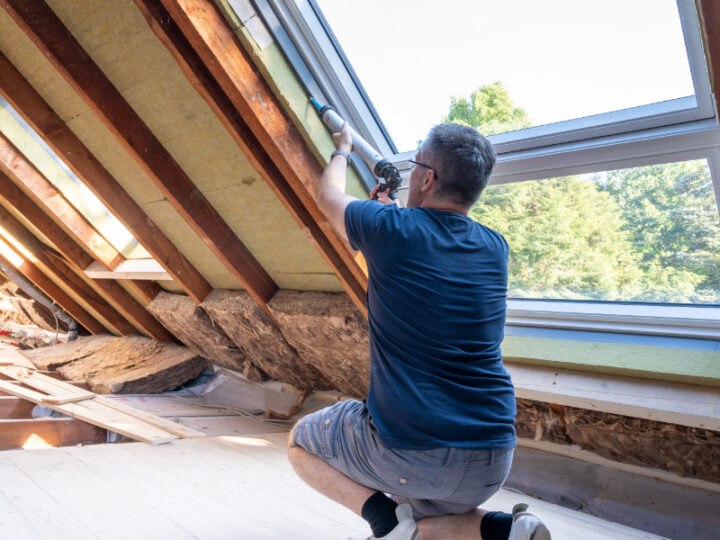 Man dicht met kit tijdens het isoleren van het dak